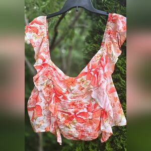 H&M Orange and White Flutter Sleeve Blouse with Ruched Ruffled Tie Front